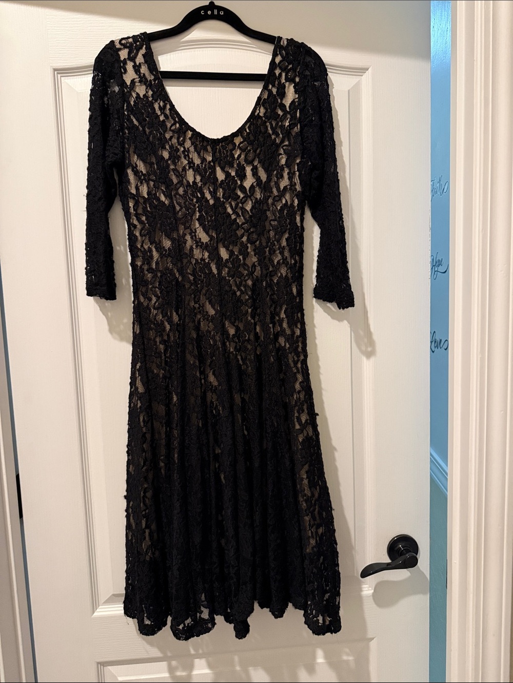 Black Lace Long-Sleeve Midi Dress with Nude Lining